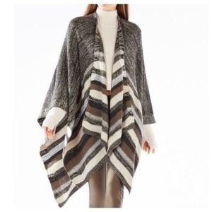 BCBGMaxAzria Gray, Brown & Cream Striped Draped Poncho Cardigan